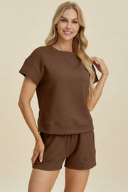 Double Take Full Size Texture Short Sleeve Top and Shorts Set - Fashionmj