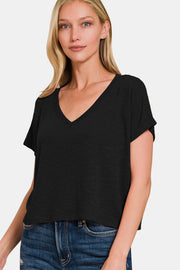 Zenana V-Neck Short Sleeve Crop T-Shirt - Fashionmj