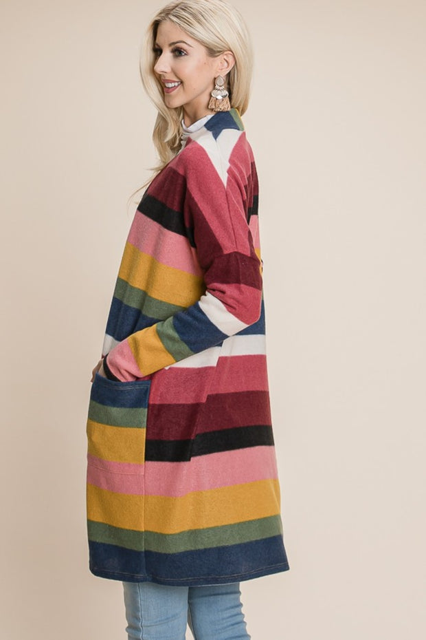 BOMBOM Color Block Striped Open Front Cardigan - Fashionmj