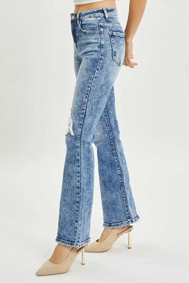 RISEN Full Size High Rise Distressed Flare Jeans - Fashionmj