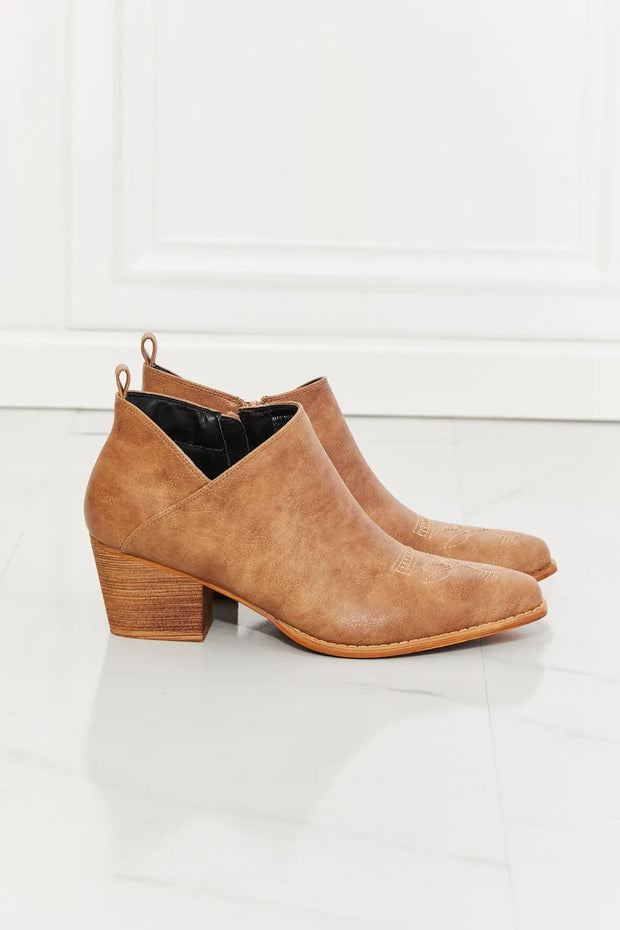 MMShoes Trust Yourself Embroidered Crossover Cowboy Bootie in Caramel - Fashionmj