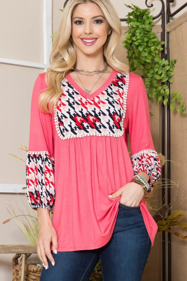 Celeste Full Size Houndstooth Front Yoke Balloon Sleeve Top - Fashionmj