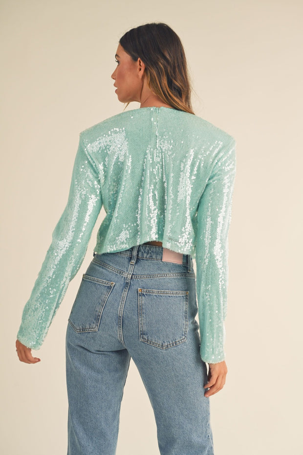 MABLE Shoulder Padded Sequin Crop Top - Fashionmj