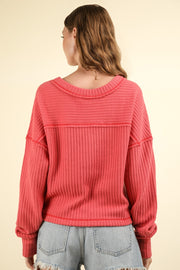 VERY J Exposed Seam V-Neck Ribbed Knit Top - Fashionmj