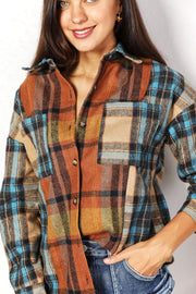 Double Take Plaid Curved Hem Shirt Jacket with Breast Pockets - Fashionmj