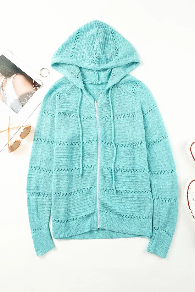 Zip-Up Raglan Sleeve Openwork Hooded Cardigan - Fashionmj