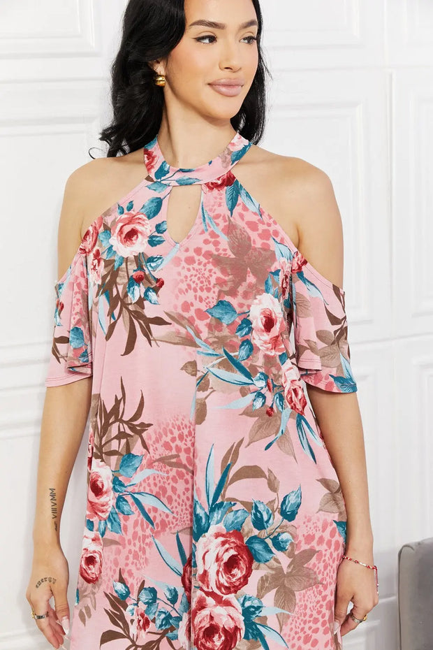 Sew In Love Full Size Fresh-Cut Flowers Cold-Shoulder Dress - Fashionmj