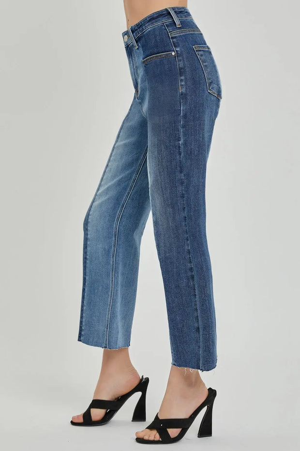 RISEN Full Size Mid-Rise Waist Two-Tones Jeans with Pockets - Fashionmj