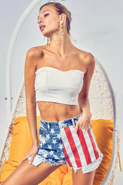 BiBi US Flag Theme Bleached Denim Shorts - Fashionmj