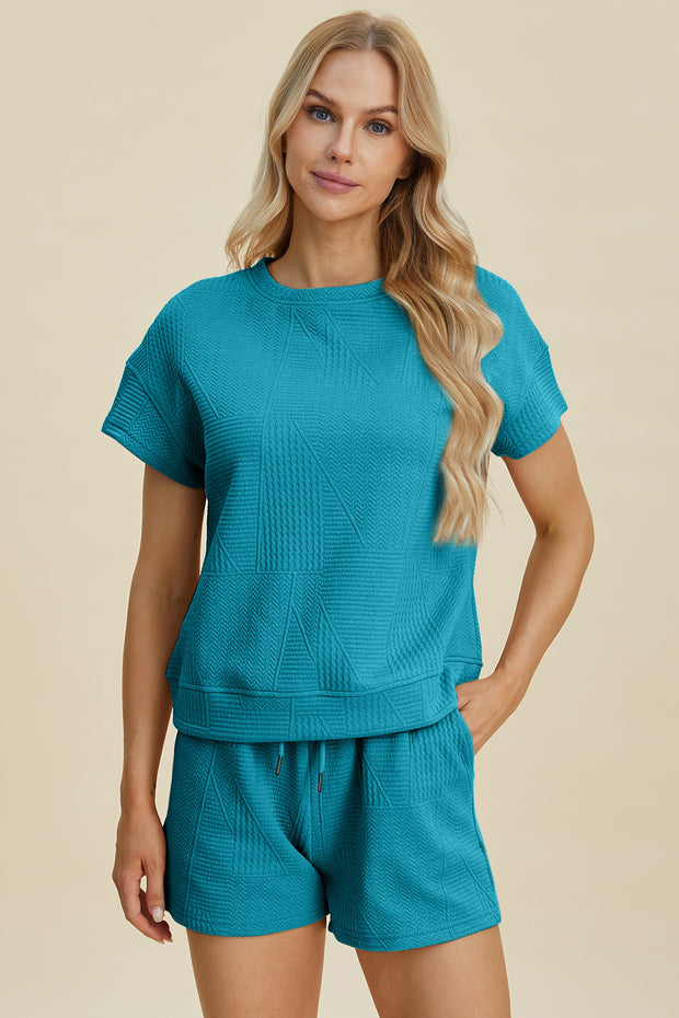 Double Take Full Size Texture Short Sleeve Top and Shorts Set - Fashionmj