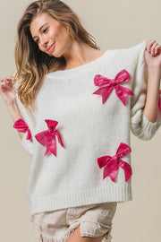 BiBi Sequin Bow Puff Sleeve Sweater - Fashionmj