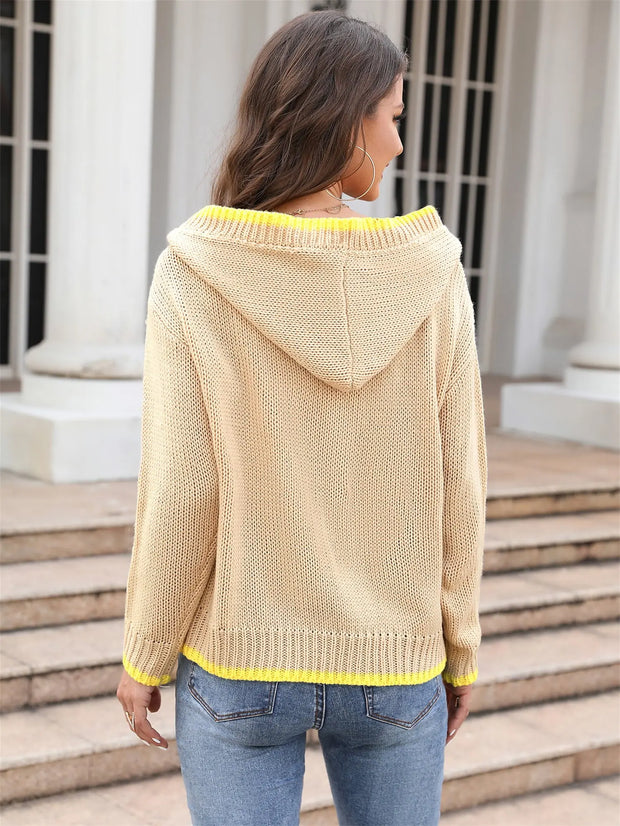 Ribbed Dropped Shoulder Hooded Sweater - Fashionmj