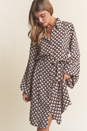 J.NNA Geometric Balloon Long Sleeve Midi Dress - Fashionmj