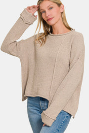 Zenana Asymmetric Hem Drop Shoulder Sweater - Fashionmj