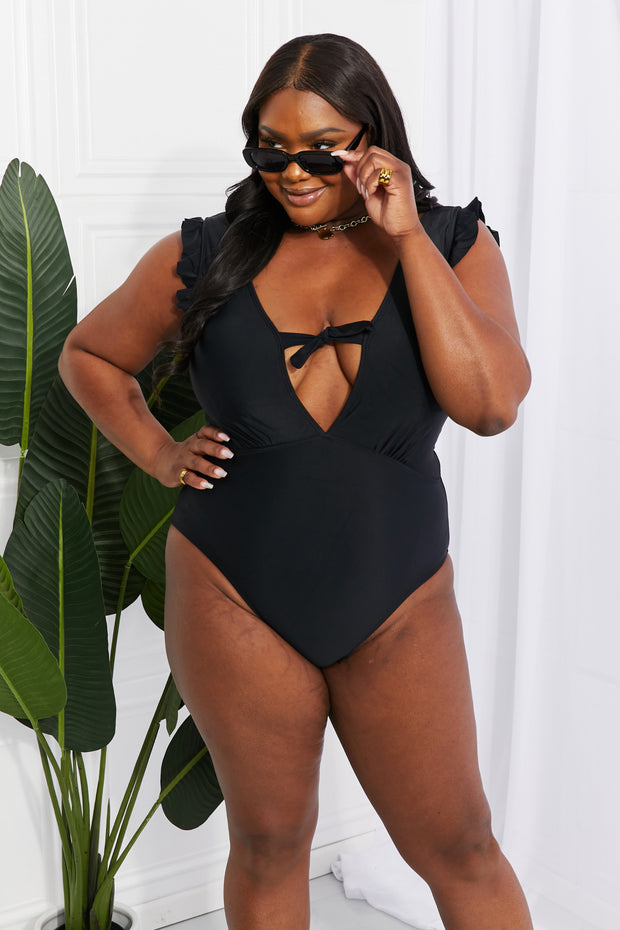 Marina West Swim Seashell Ruffle Sleeve One-Piece in Black - Fashionmj