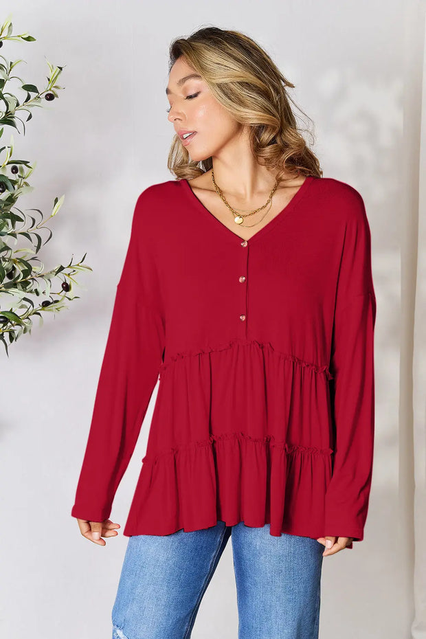 Double Take Half Button Long Sleeve Ruffle Hem Blouse - Fashionmj