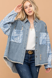 And The Why Full Size Paisley Print Quilted Sleeves Denim Jacket - Fashionmj