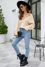 V-Neck Drop Shoulder Long Sleeve Knit Top - Fashionmj