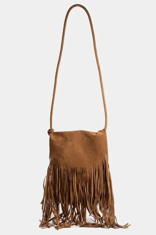 Fame Faux Suede Fringe Rectangle Crossbody Bag Trendsi