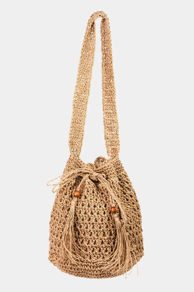 Fame Straw Braided Drawstring Tote Bag with Tassel Trendsi