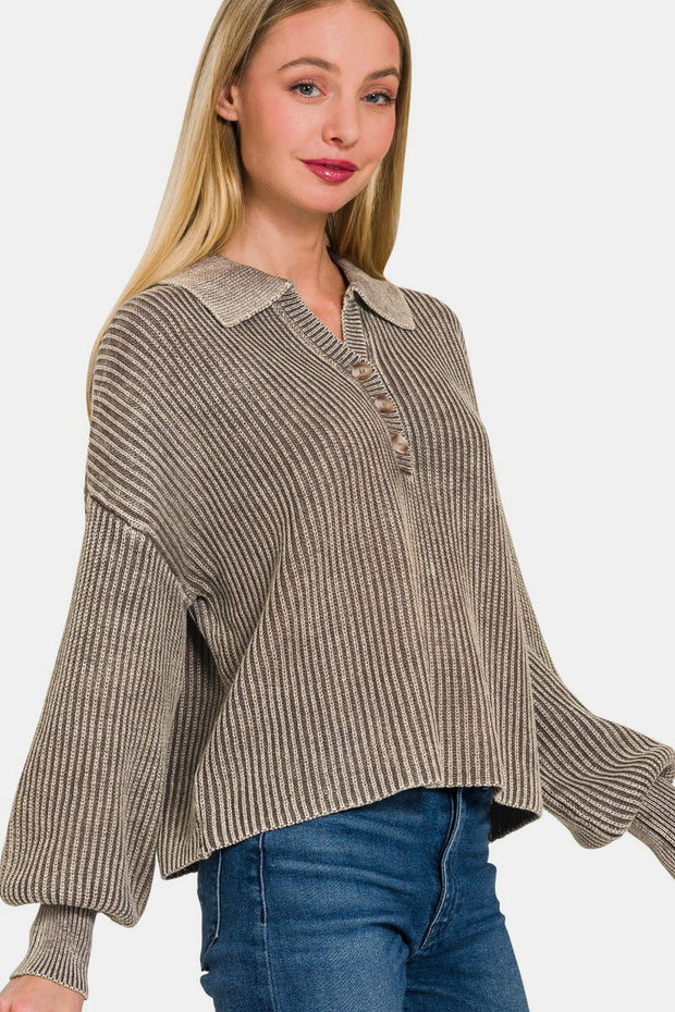 Zenana Washed Half Button Long Sleeve Sweater - Fashionmj