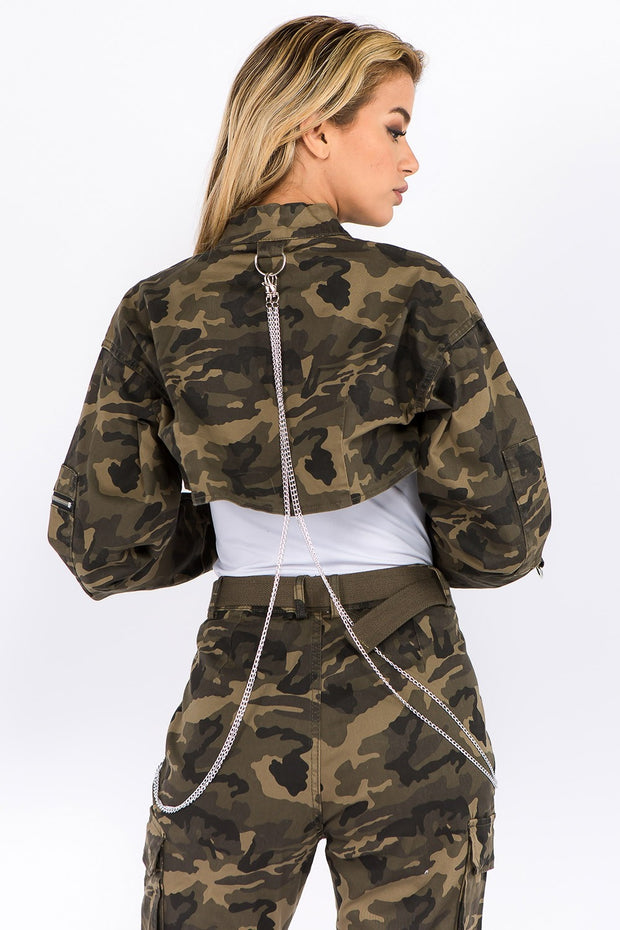 American Bazi Camouflage Cropped Jacket with Chains - Fashionmj