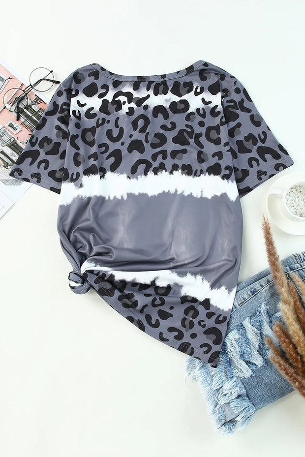 Leopard V-Neck Short Sleeve T-Shirt - Fashionmj