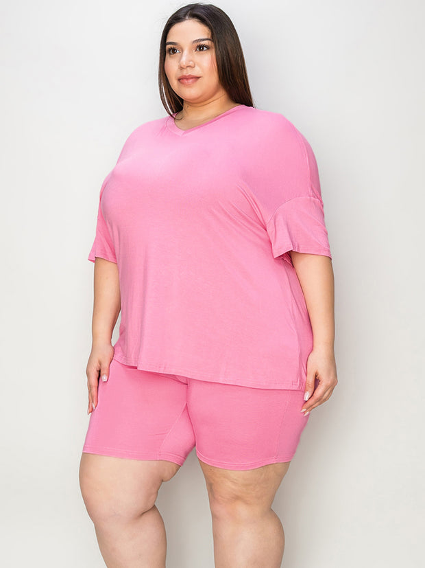 Basic Bae Full Size V-Neck Drop Shoulder T-Shirt and Shorts Set - Fashionmj