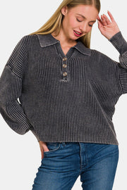 Zenana Washed Half Button Long Sleeve Sweater - Fashionmj