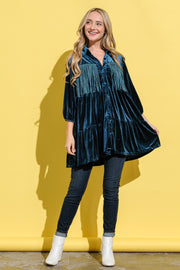 And The Why Fringe Detailed Velvet Shirt Dress - Fashionmj