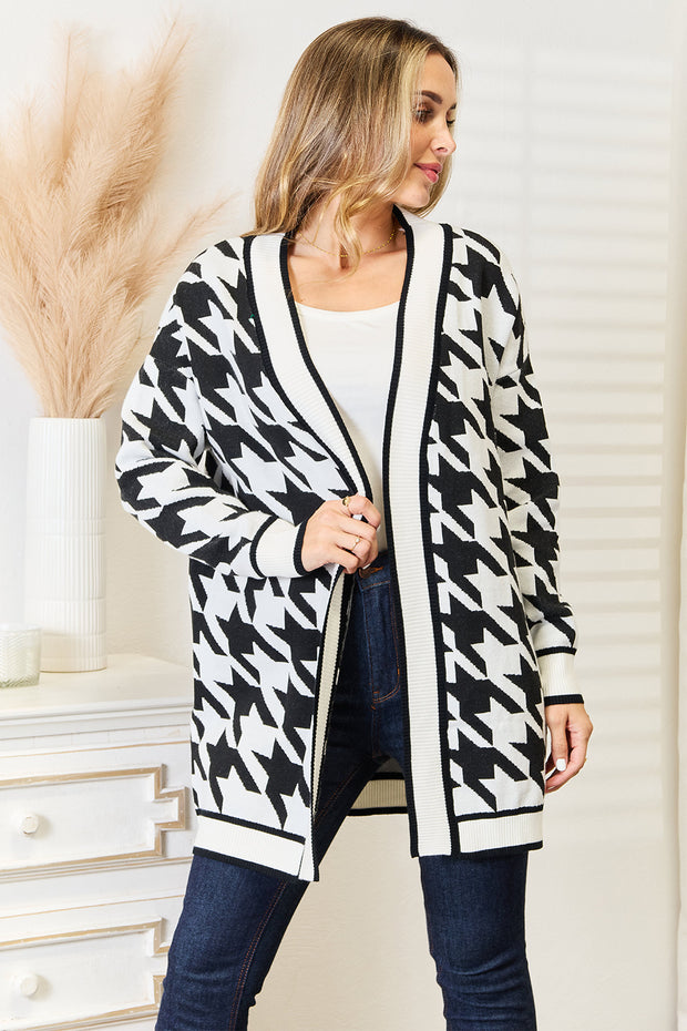 Mandy Woven Right Houndstooth Open Front Longline Cardigan - Fashionmj