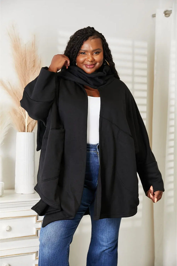 HEYSON Full Size Open Front Cardigan with Scarf Design - Fashionmj