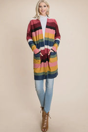 BOMBOM Color Block Striped Open Front Cardigan - Fashionmj