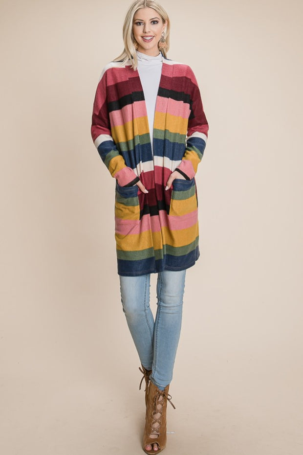 BOMBOM Color Block Striped Open Front Cardigan - Fashionmj