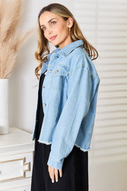 Double Take Dropped Shoulder Raw Hem Denim Jacket - Fashionmj