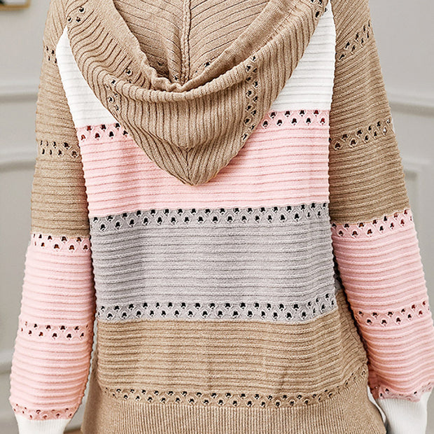 Color Block  Drawstring Hooded Sweater - Fashionmj