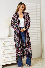 Full Size Multicolored Open Front Fringe Hem Cardigan - Fashionmj