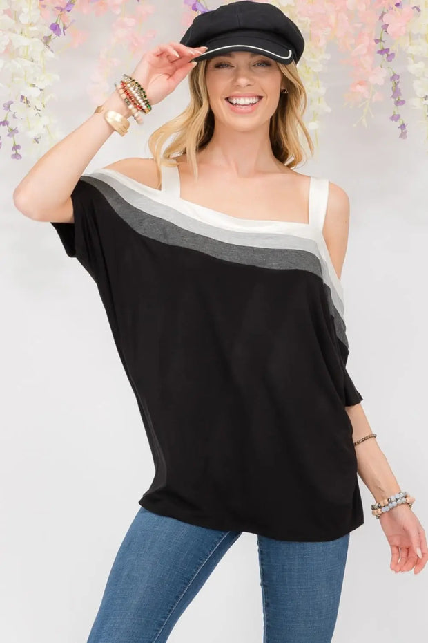 Celeste Full Size Striped Cold Shoulder Top - Fashionmj