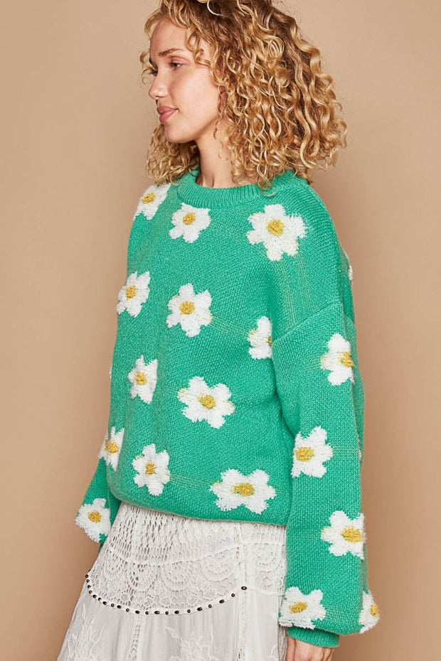 POL Daisy Pattern Drop Shoulder Sweater - Fashionmj