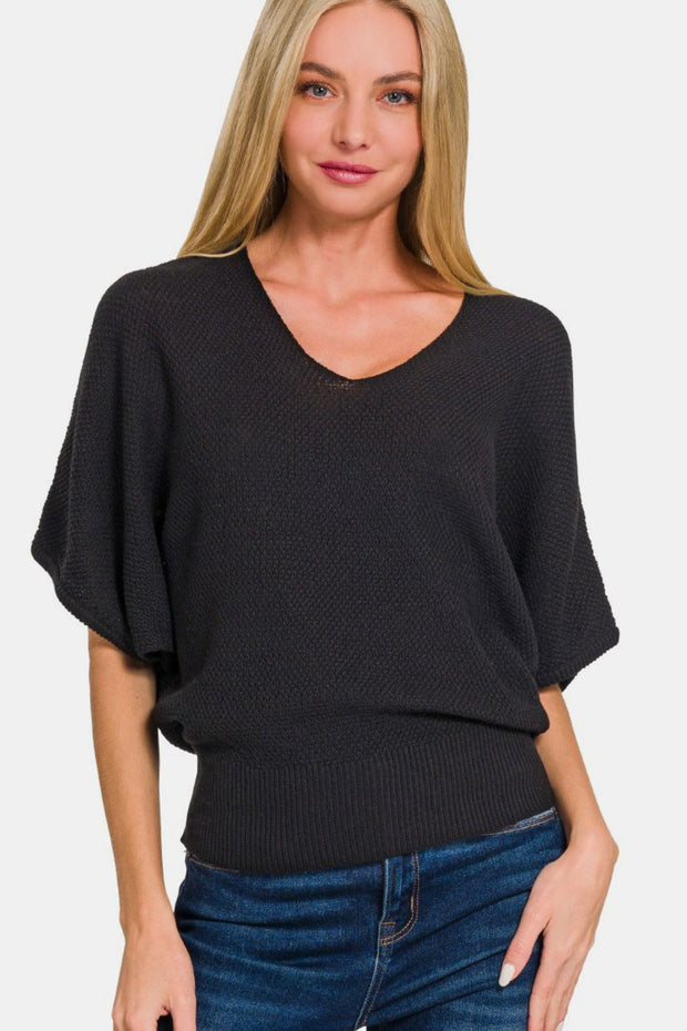 Zenana V-Neck Short Sleeve Dolman Sweater - Fashionmj