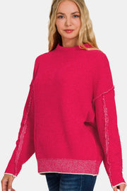 Zenana Exposed Seam Mock Neck Long Sleeve Sweater - Fashionmj