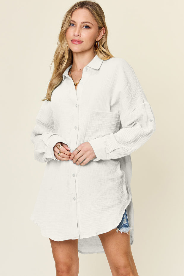 Double Take Full Size Pocketed Texture Button Up Shirt - Fashionmj