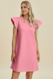 Double Take Full Size Ruffled V-Neck Cap Sleeve Dress - Fashionmj