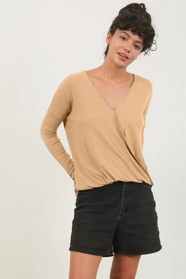 HYFVE Draped Drop Shoulder Long Sleeve Top - Fashionmj