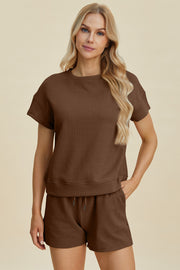 Double Take Full Size Texture Short Sleeve Top and Shorts Set - Fashionmj