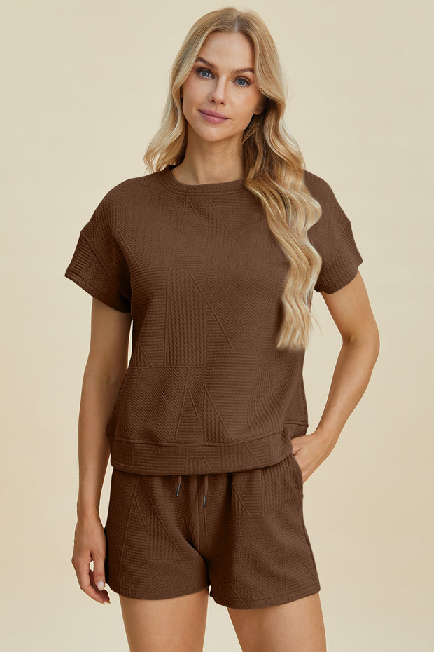 Double Take Full Size Texture Short Sleeve Top and Shorts Set - Fashionmj