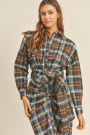 Mable Plaid Flannel Front Tie Button Down Shirt Dress - Fashionmj