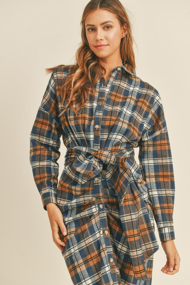 Mable Plaid Flannel Front Tie Button Down Shirt Dress - Fashionmj