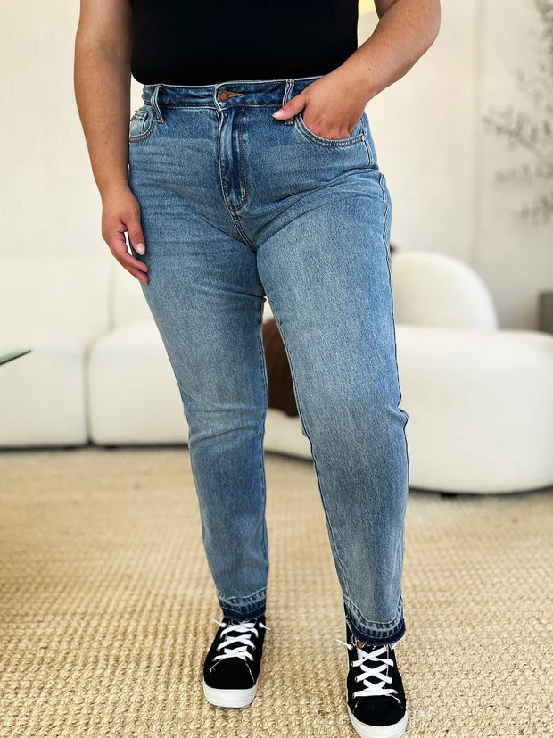 Judy Blue Full Size Mid Rise Rigid Magic Release Hem Jeans - Fashionmj