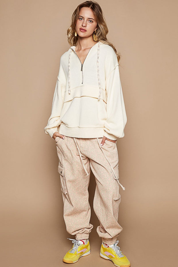 POL Half Zip Drop Shoulder Hooded Sweater - Fashionmj